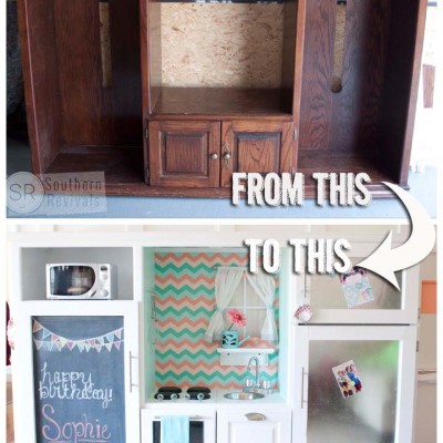 Vintage Entertainment Center turned Play Kitchen