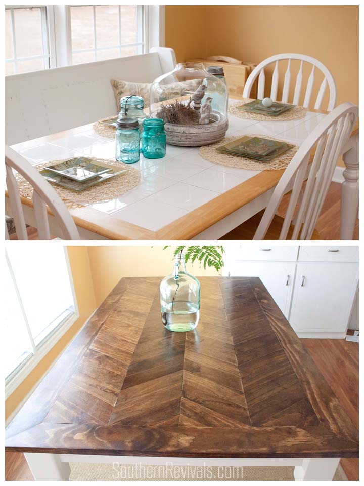 Tile Top Makeover | DIY Wood Herringbone Table #tablemakeover #furnituremakeover #diy SouthernRevivals.com