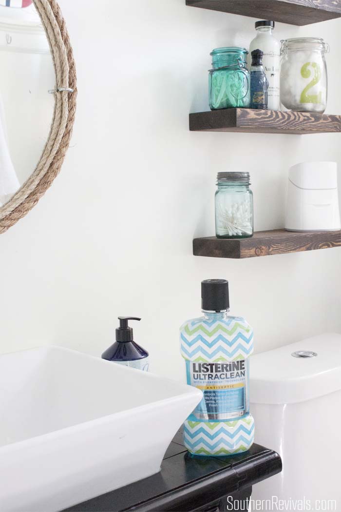 Small Bathroom Decorating Ideas with Cheveron Listerine Botttles #BathroomDecor #Chevron SouthernRevivals.com