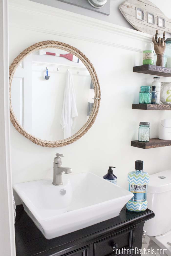 Small Bathroom Decorating Ideas with Cheveron Listerine Botttles #BathroomDecor #Chevron SouthernRevivals.com