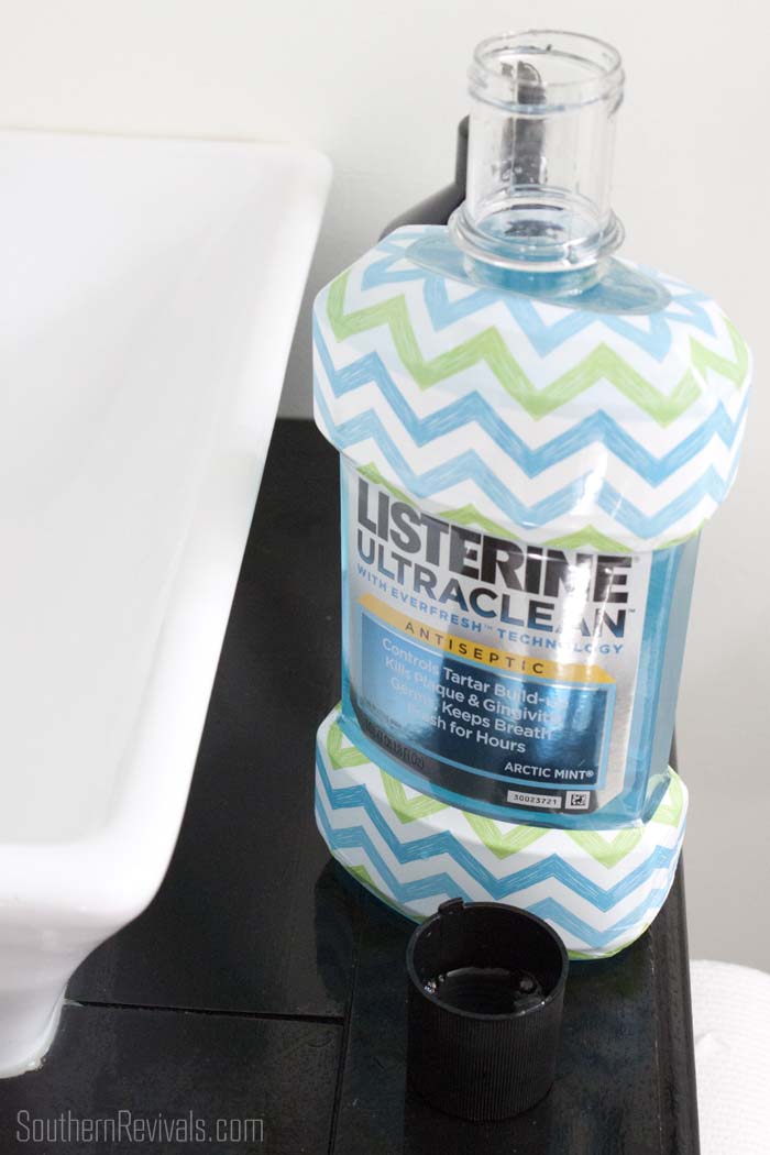 Small Bathroom Decorating Ideas with Cheveron Listerine Botttles #BathroomDecor #Chevron SouthernRevivals.com