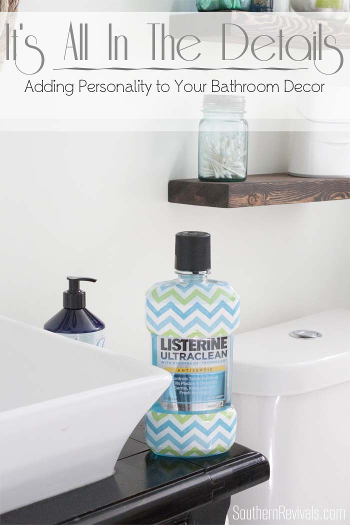 Small Bathroom Decorating Ideas with Cheveron Listerine Botttles #BathroomDecor #Chevron SouthernRevivals.com