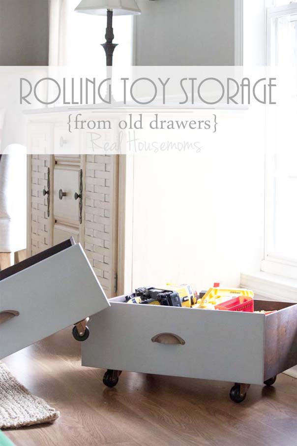 Old Drawers Repurposed into Rolling Toy Storage Bins #repurposed #toystorage #organization SouthernRevivals.com