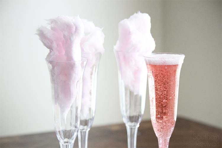 Champagne isn't just for New Year's! Celebrate anytime with these easy champagne cocktails. Peach Brandy & Cotton Candy Champagne Cocktails #EpicWithAndre #ad