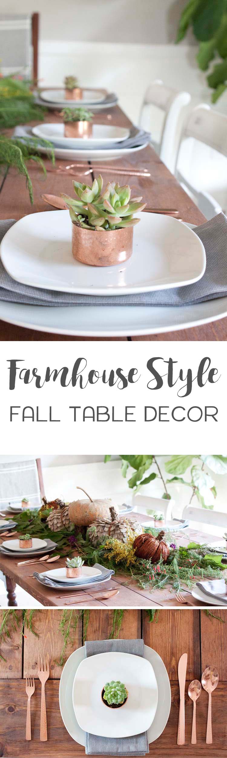 Rustic and natural touches mixed with warm copper accents make this farmhouse style table setting ideal for fall.