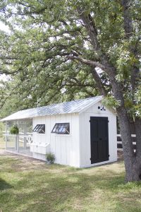 white and black farmhouse chicken coop