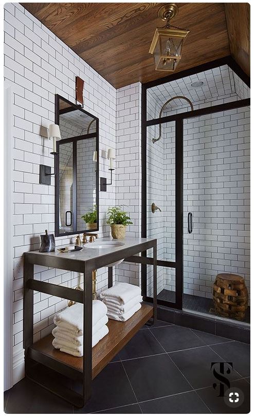 black and white bathroom warm wood