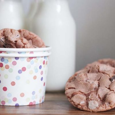 pink cookies in polka dot container mlk bottles