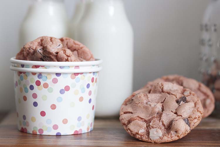 pink cookies in polka dot container mlk bottles