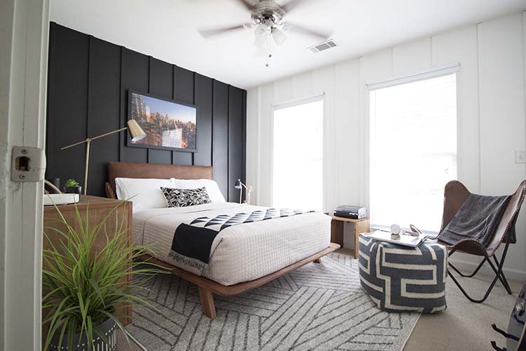 modern geometric bedroom black white walls 